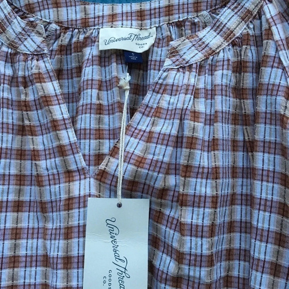 NWT Universal Threads Brown Plaid 3/4 Wide Sleeve Top Size Small - Picture 3 of 6